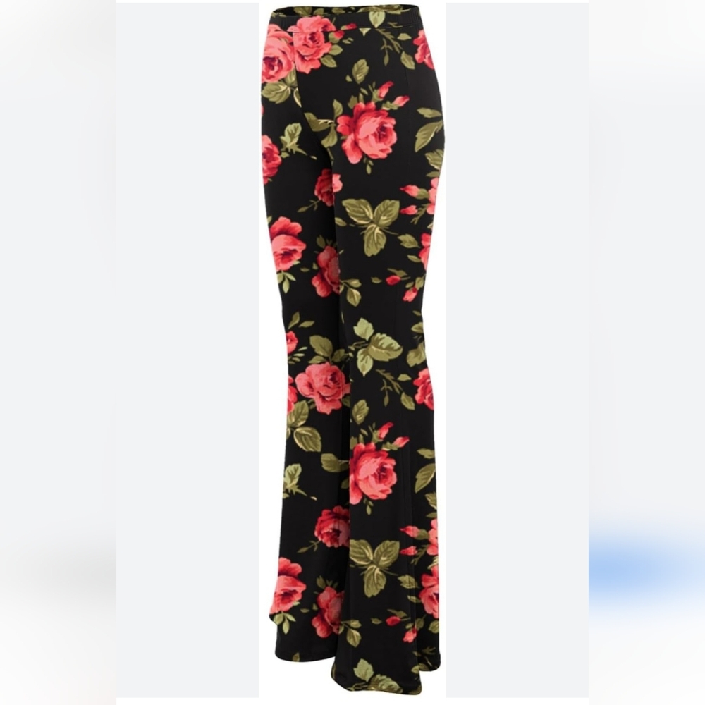 Hot Kiss Rose Floral Print Flare Yoga Pants 1X